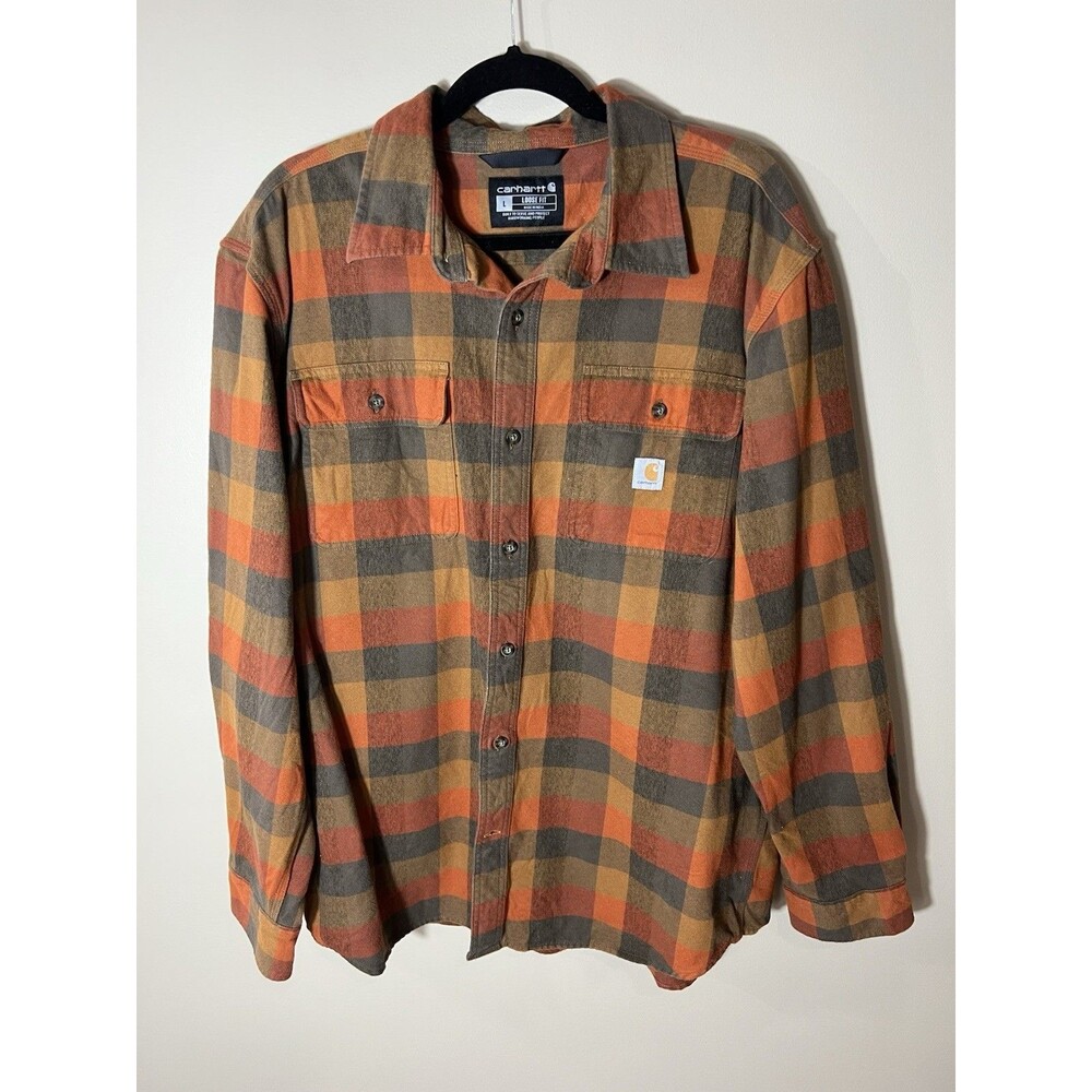 Carhartt Flannel Shirt Men Large Orange Plaid Loose Fit Cotton Workwear Shacket